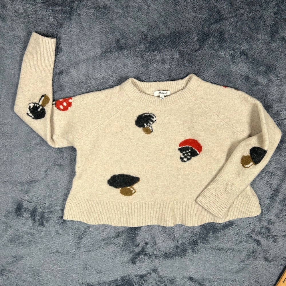 Madewell Sweater Womens S Beige Mushroom Intarsia Knit Cropped Pullover Wool